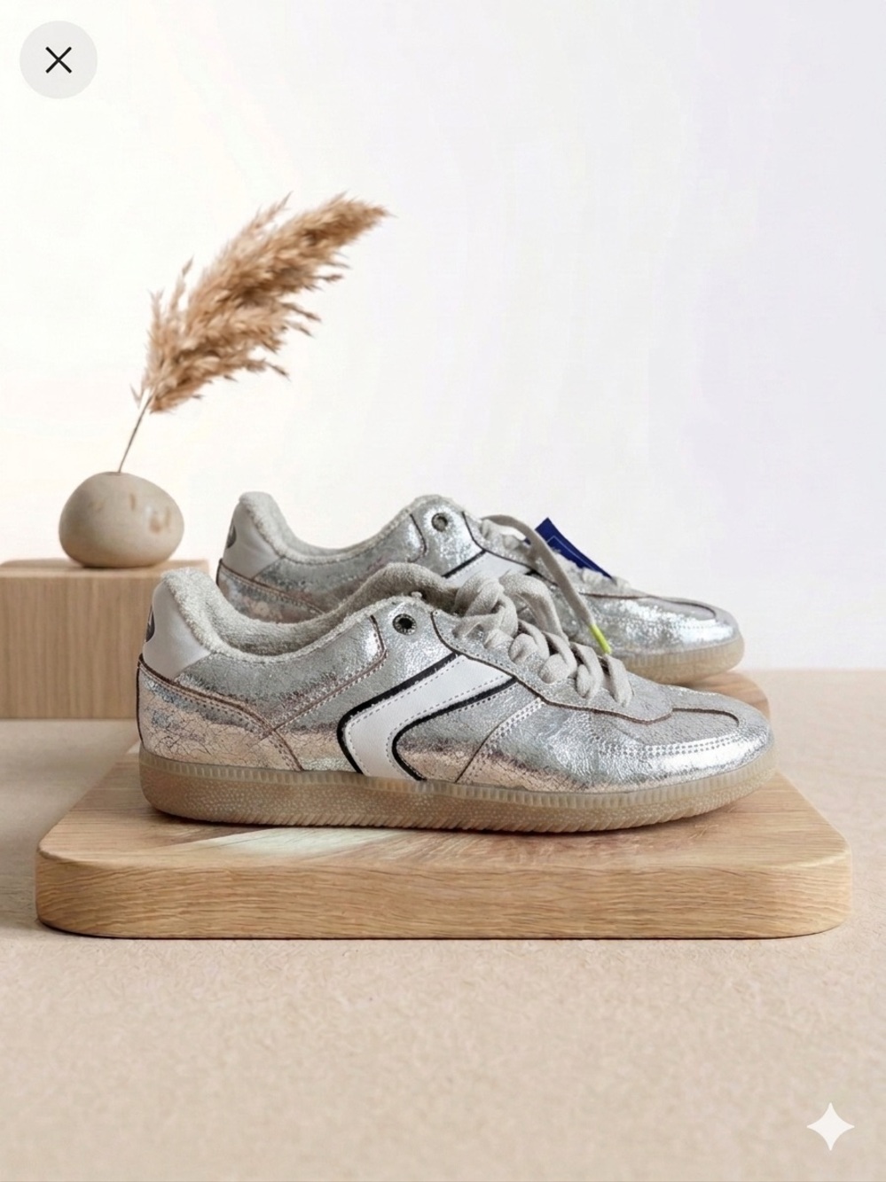 Verbenas Sora Breck Sneakers Laminated Silver Leather Upper Cracked Textured 39